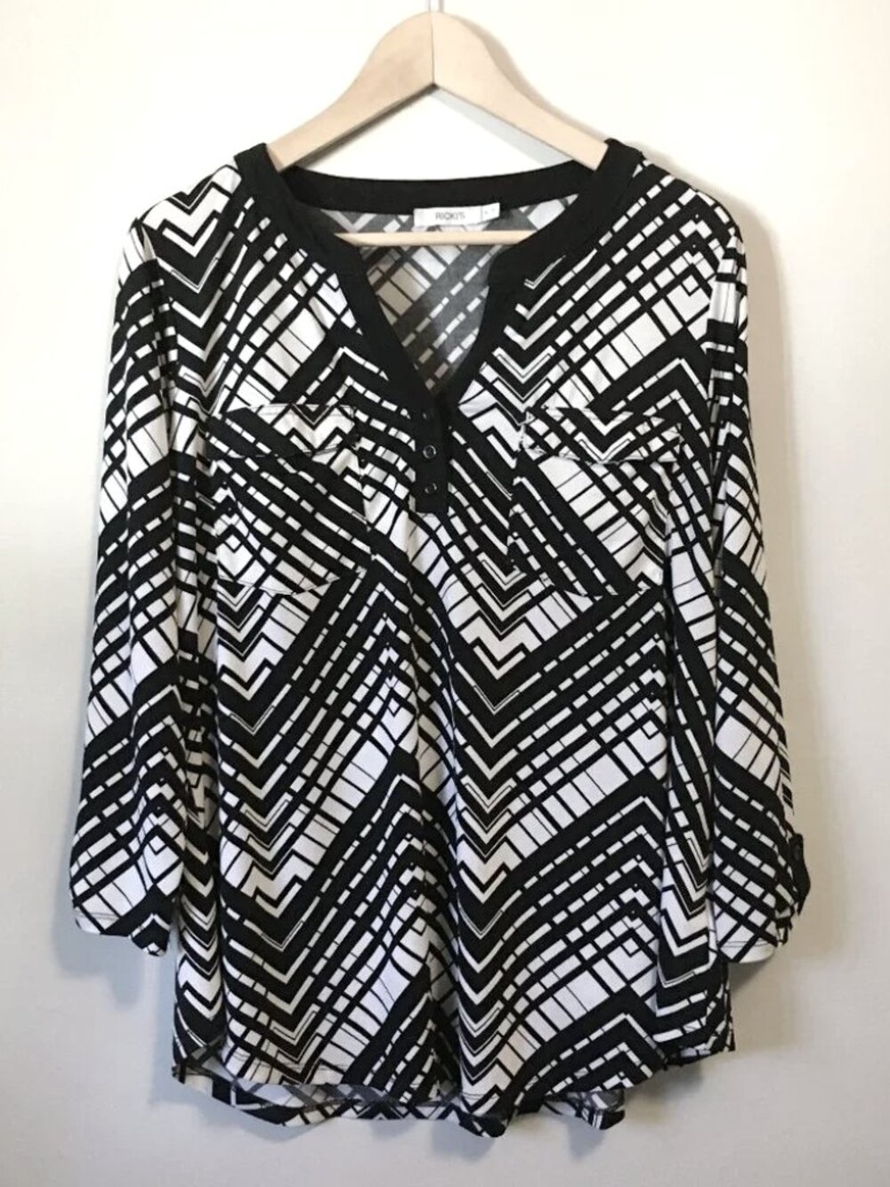 VTG 90s Ricki's B&W Zig Zag Tunic Shirt XL Grunge Chic Smashing Pumpkins Pisces